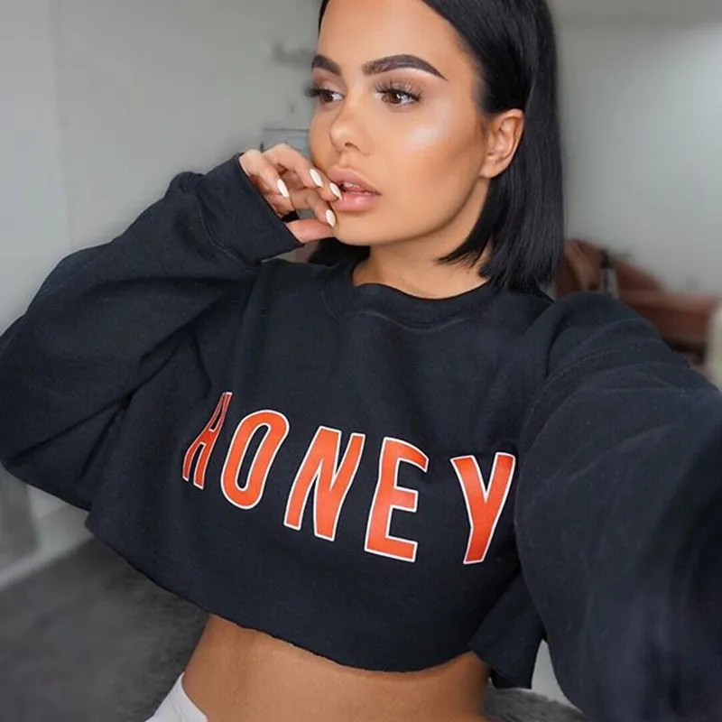 Mode Zwarte Lange Mouwen Crop Top Dames Honey Letter Print Sexy Tee Dames Herfst Pullover T-shirts Losse Hoodie Drop 200925