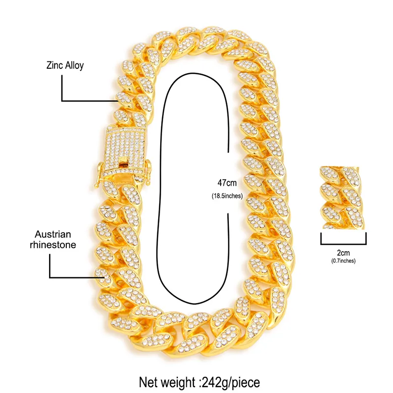 US7 20mm Iced Out Cuban Chain Necklace Hip Hop Jewelry Choker Gold Silver Color Rhinestone CZ CLASP FÖR MÄN MODE NEACKLACES1273G