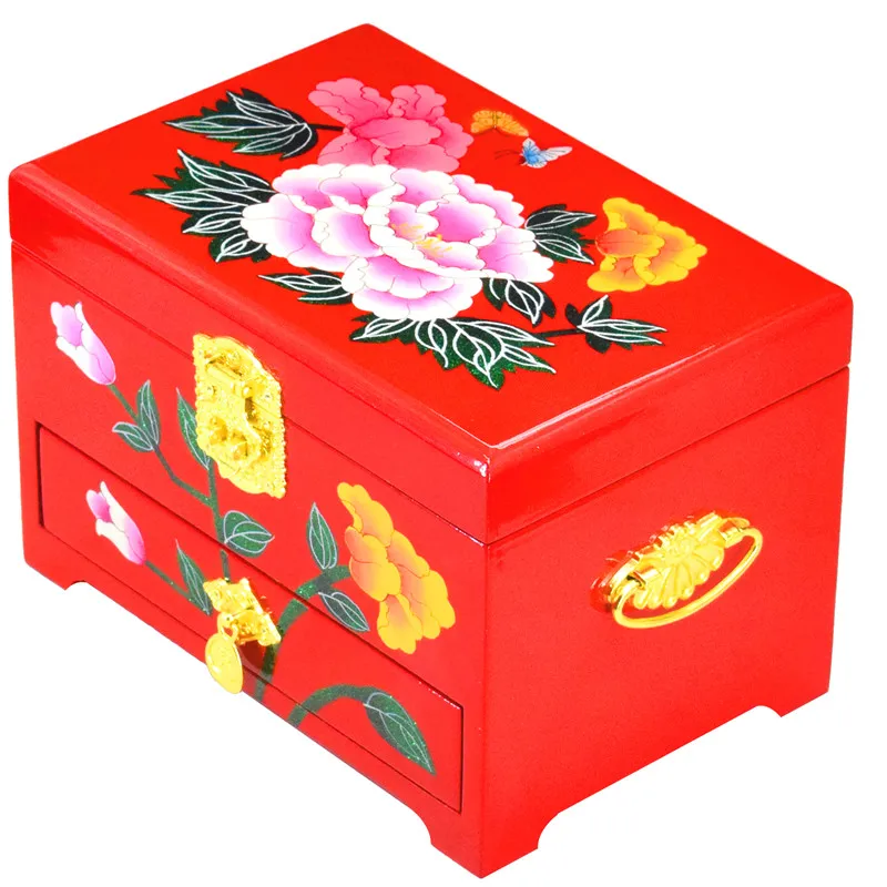 3 Laag handvat lakwaren Chinese vintage houten opbergdoos met slot home decor schuiflade sieraden make-up box bruiloft kerstcadeau