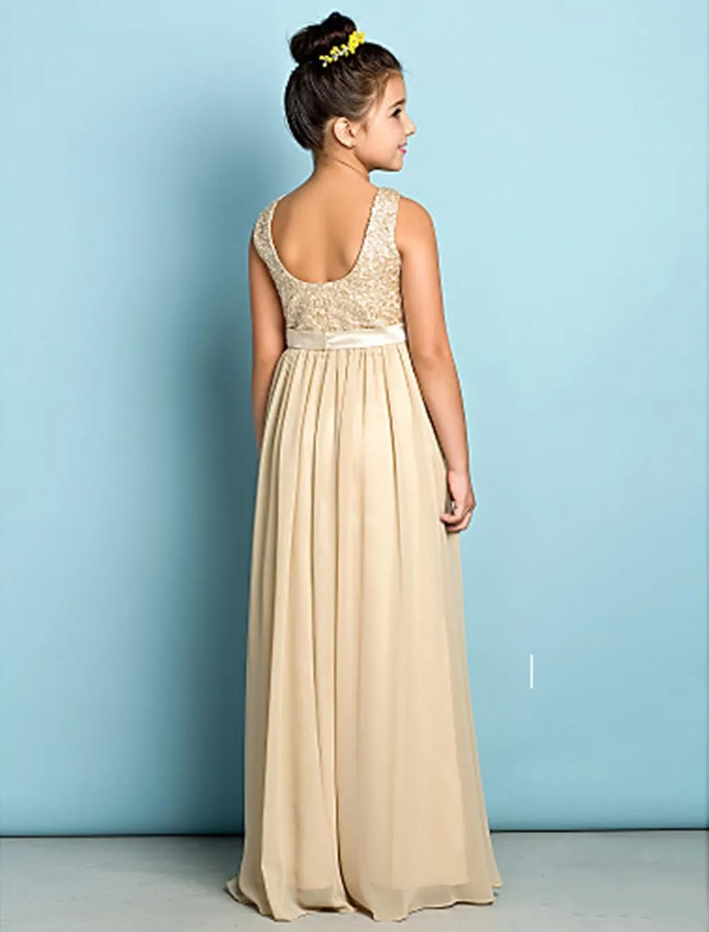 New Fashion Cheap Champagne A line Junior Bridesmaid Dresses Scoop Neck Lace Floor length Chiffon Bridesmaid Dress Wedding Guest P279C