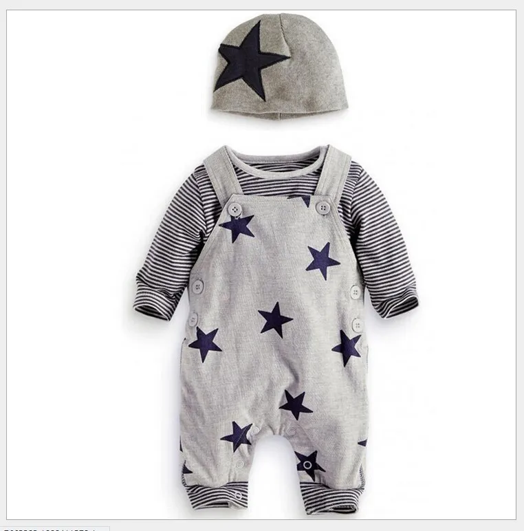 Baby Boys Höstkläder Satser Spädbarn Långärmad T-shirt + Stjärnor Utskrift Suspender Rompers Byxor + Mössor Toddler Suit LY095