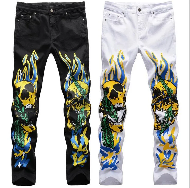 2020 High Street 3D Punk Boy Schädel Graffiti Flamme gedruckt Jeans Stretch schlanke Männer Hosen plus Größe 42 Reißverschluss Hosen