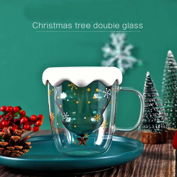 Wholeasale 9oz二重壁ボロシリケートガラス瓶クリスマスツリー水タンブラークリスマス女の子子供耐熱アイロン飲酒コーヒーマグタンブラー