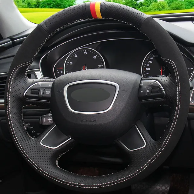 Premium Black Leather Suede Steering Wheel Covers Makro For Audi Q7