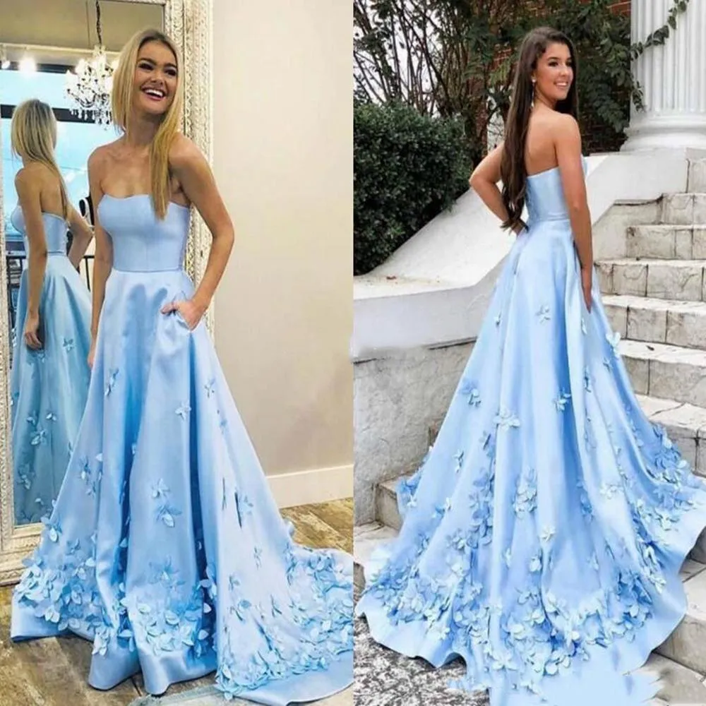 2021 Chic Sweetheart Prom Dresses Butterfly Aplikacje Graduation Party Suknie z kieszeniami Satin Prom Suknia wieczorowa