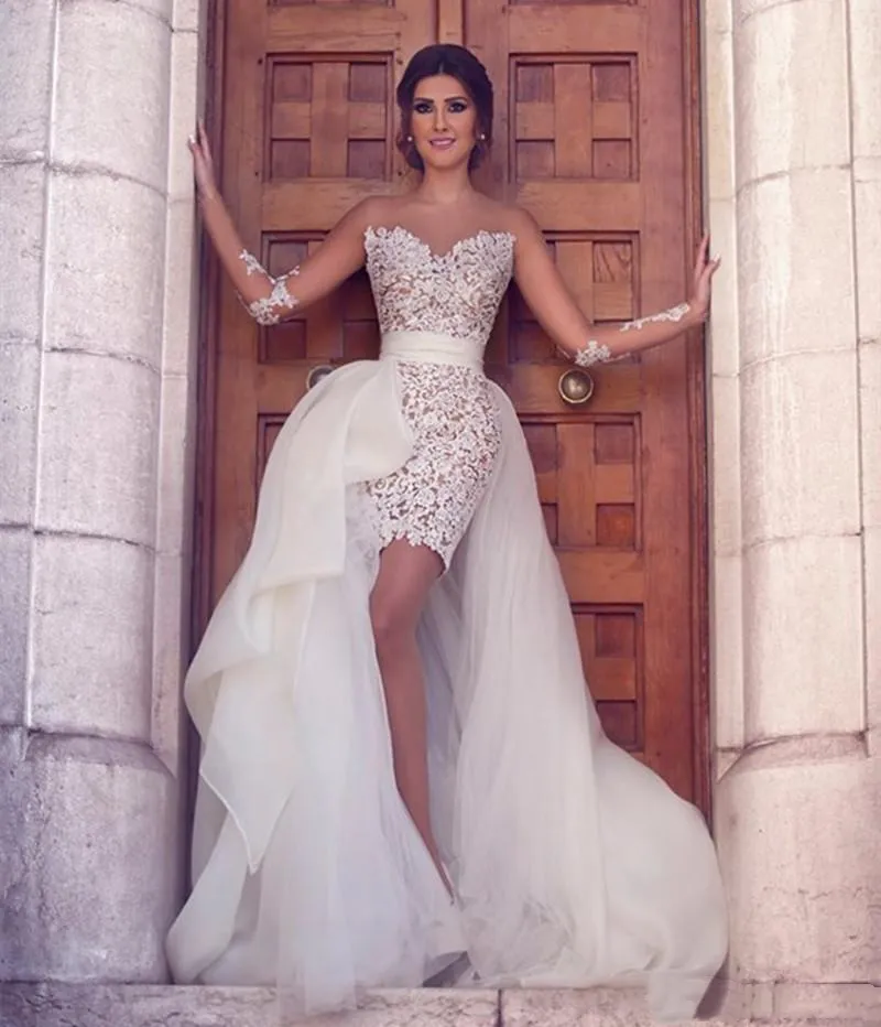 2022 Arabic Lace Detachable Train Wedding Dress With Detachable Train And Illusion Long Sleeves Perfect For Beach Weddings From Sexybride 115.9 DHgate.Com