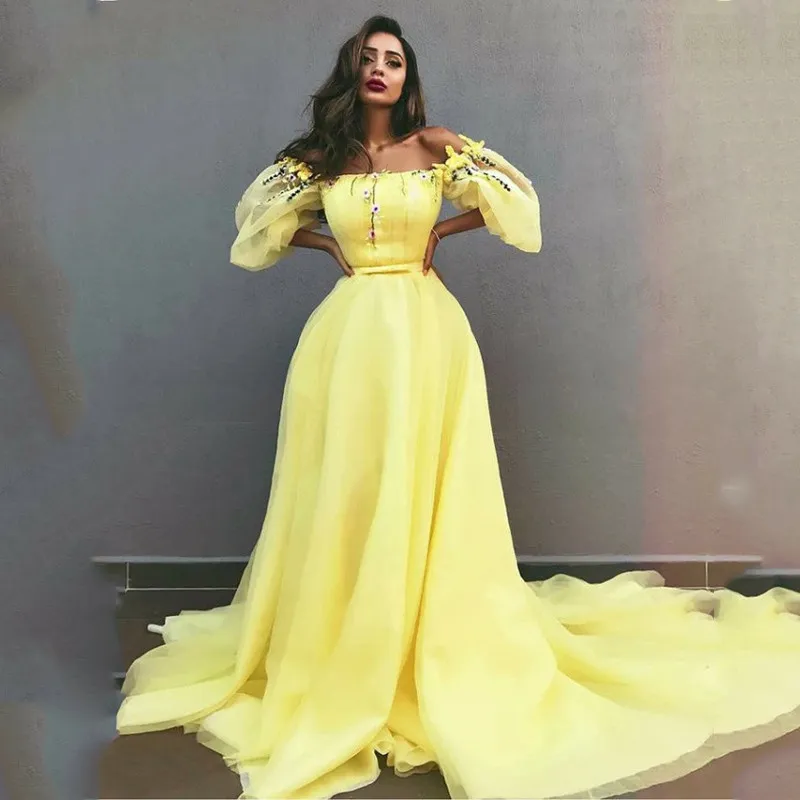 Elegant Light Yellow Off Shoulder Prom Dresses Puff Sleeve 2021 Floral Lace Applique Long Formal Evening Party Gowns vestidos de festa longo