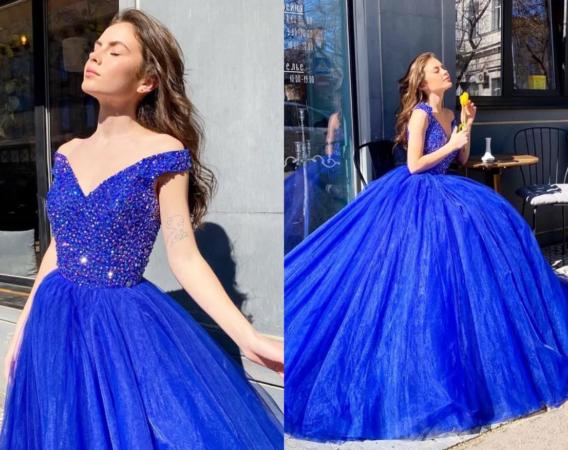 Charming Royal Blue V neck Evening Prom Dresses Cheap Crystal Top Ruched with Sleeves Off shoulder Designer Satin Pleated Quinceanera Dress