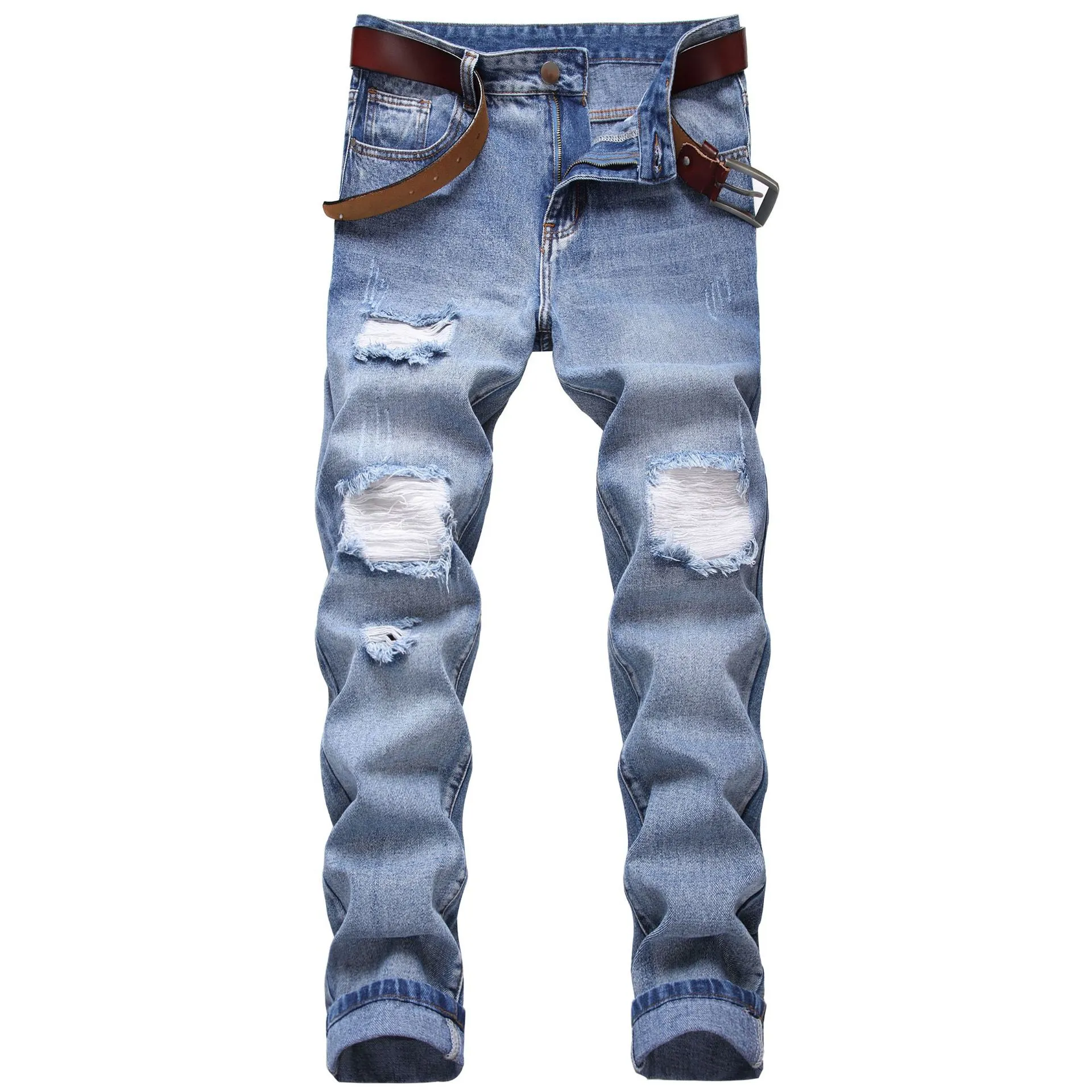 Jeans da uomo Street Style Pantaloni da uomo in denim strappato lavato di marca con fori Strechy Homme Skinny