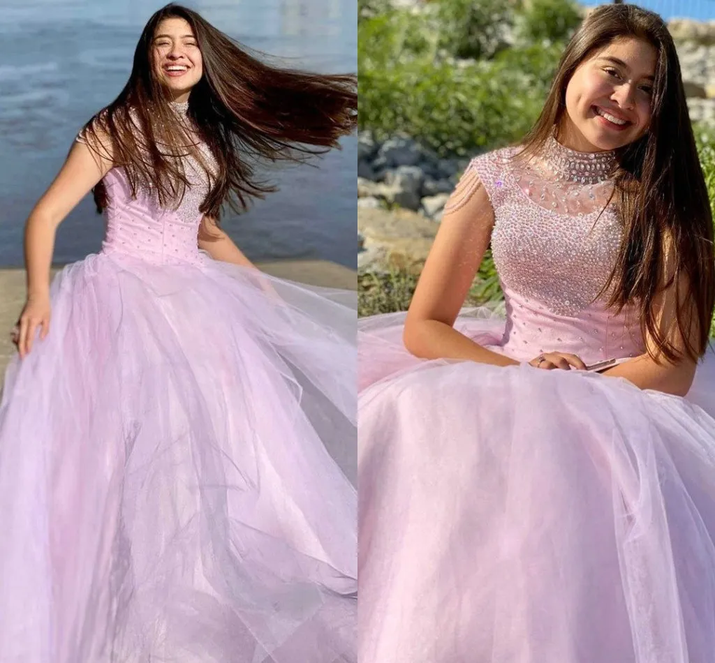 2021 High Neck Beaded Prom Quinceanera Dresses Tulle Long With Beading Short Sleeves Formal Evening Elegant Dress For Sweet 16 Girls Long