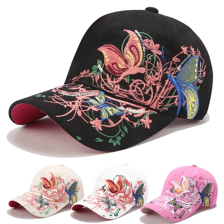 botão de lantejoulas Cap mulheres bordado borboleta flor pato chapéu bordado língua ajustável até chapéu borboleta chapéu de festa T500215 das mulheres