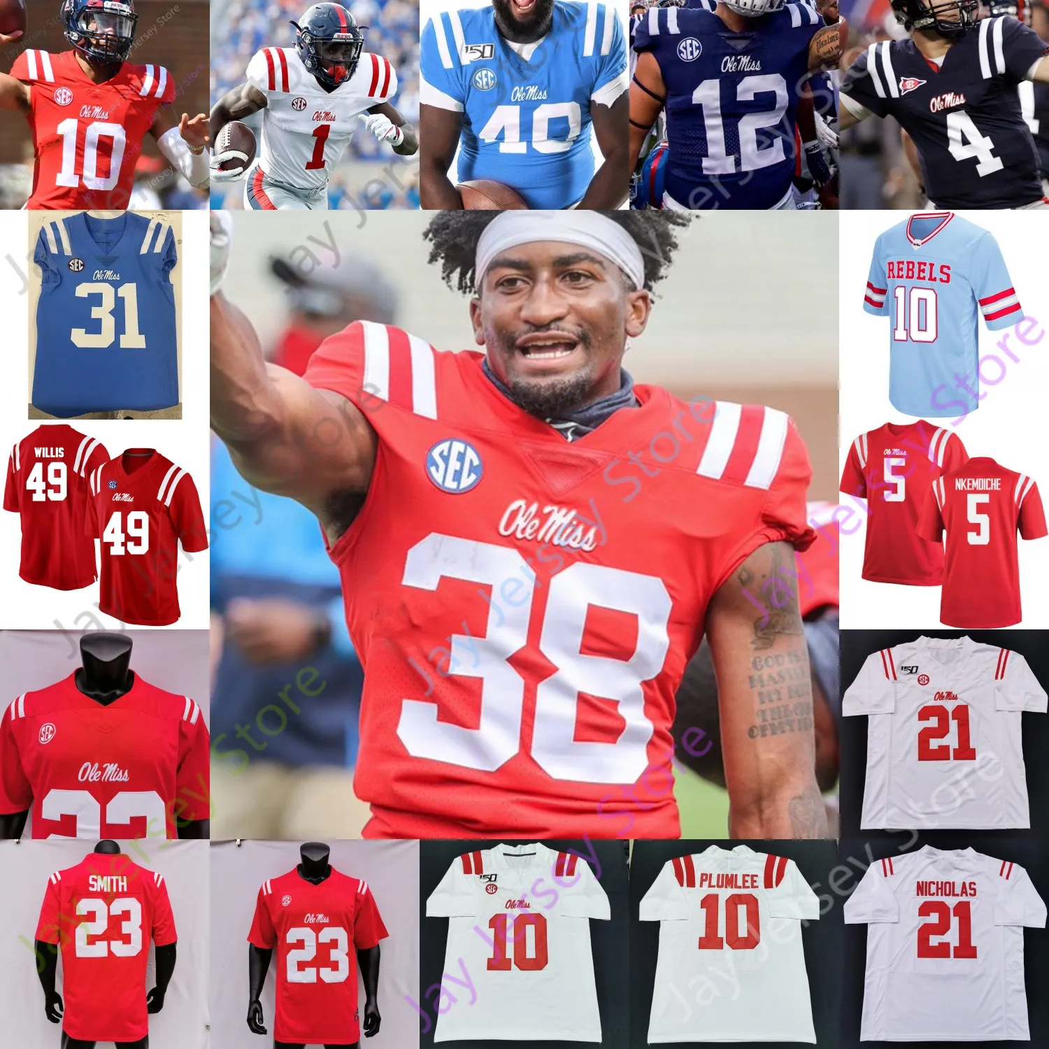 Ole Miss Rebels Football Jersey NCAA College Austin Keys Michael Trigg Mingo Heath isheem Young Altmyer Manning Oher Bo Wallace Patrick Eli Manning