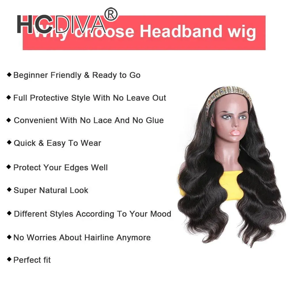 Headband Wig 100% Human Hair Scarf Wig Remy Brazilian Straight Body Curly for African American Women Affordable Headband Wig Begin276G