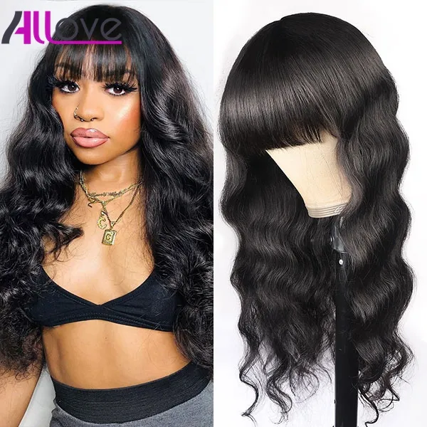 Allove Brazilian Body Wave Loose Deep Curly Human Hair Wigs With Bangs Peruvian Straight Kinky Curly None Lace Wigs Girl Kids Wig