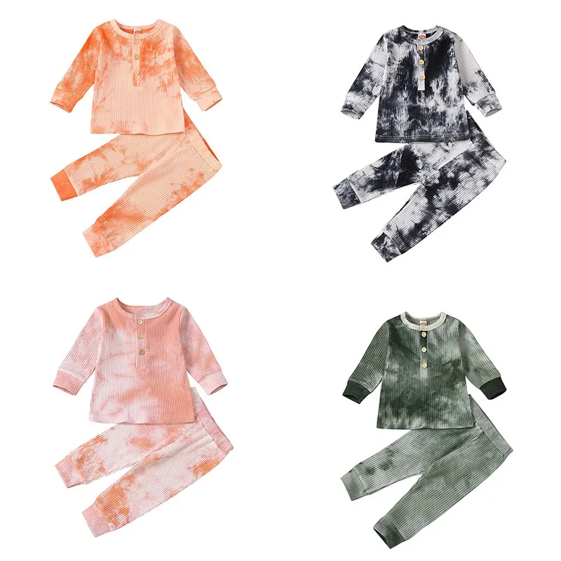 2020 New Baby Tie Dye Clothing Sets Girls Long Sleeve Button Rompers + Trouser 2Pcs/Set Boutique Infants Pit Knitted Outfits M2719