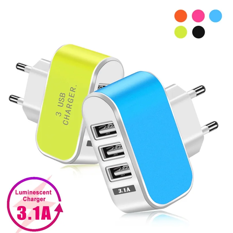 US EU Plug 3 USB Wall Mail Phone Chargers LED-adapter Travel Handige Power Adapter met Triple USB-poorten voor iPhone 12 11 met doos