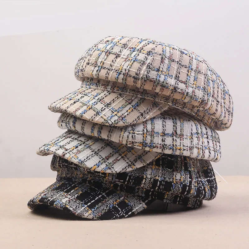 Женщины Vintage Tweed Plaid Hat Берет Мода Элегантные дамы девушки осень зима Хлопок восьмиугольная Hat Солнцезащитный Painter Hat