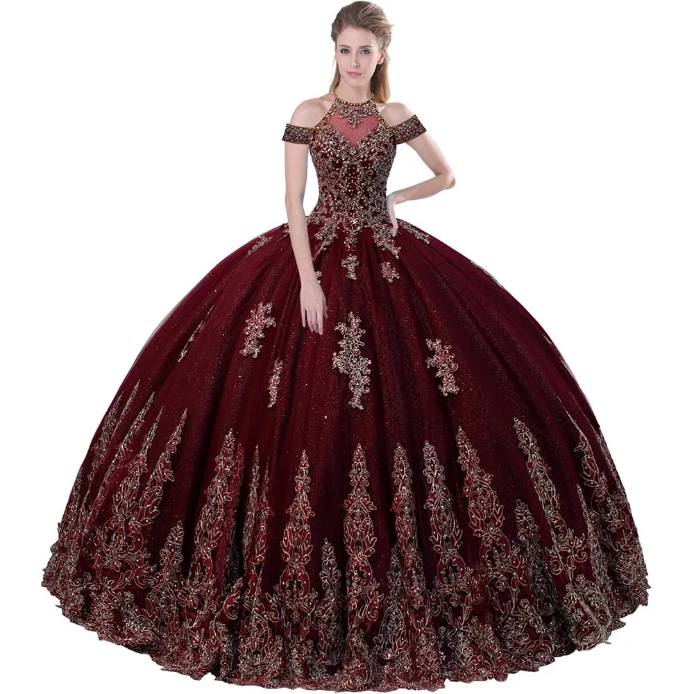 Retro Vintage High Neck Cold-shoulder Flutter Sleeves Quinceanera Dress Burgundy Tulle Intricately Gold Corded Appliques