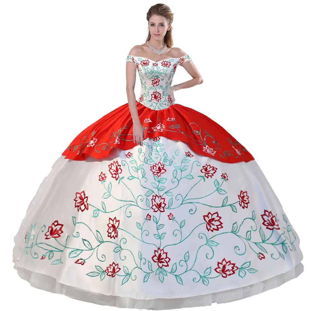 Off Shoulder Embroidery Equestrian Mexican Charra Quinceanera Dress Girls Debutante Ceremony Thick Satin Bodice and Overlay Tiered Organza Ruffles White and Red