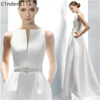 Cinderella-Simple-Style-Scoop-Sleeveless-A-Line-Court-Train-Lace-Up-Satin-Wedding-Dresses-Hand-Made