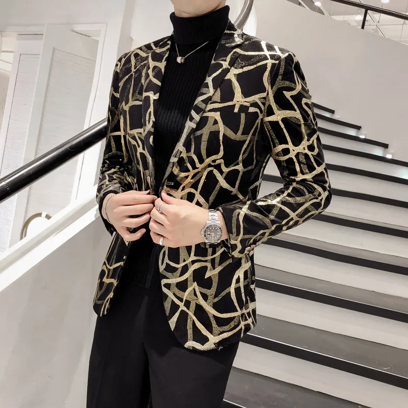 Brand Men Floral Blazer Wedding Party Colorful Plaid Gold Black Seques Design DJ Singer Atuita Giacca Fashion Outfit256e