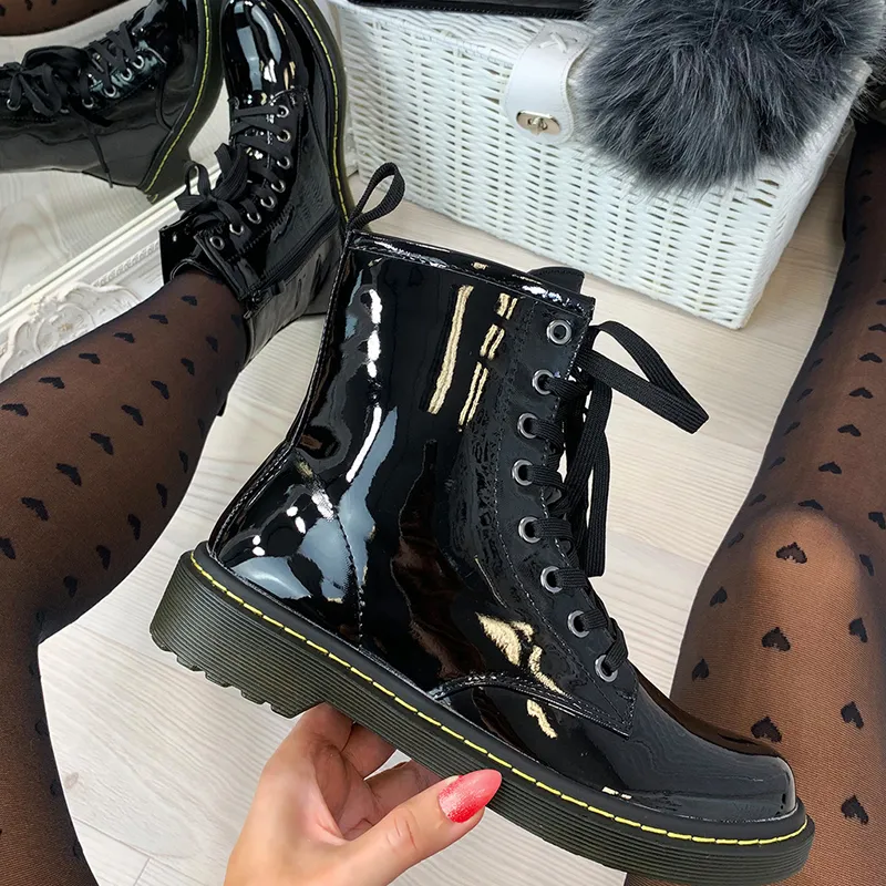 Women Motorcycle Boots Autumn Fashion Patent PU Round Toe Lace up Combat Shoes women shoes Ladies Snow Office Boots dropshipping 200916
