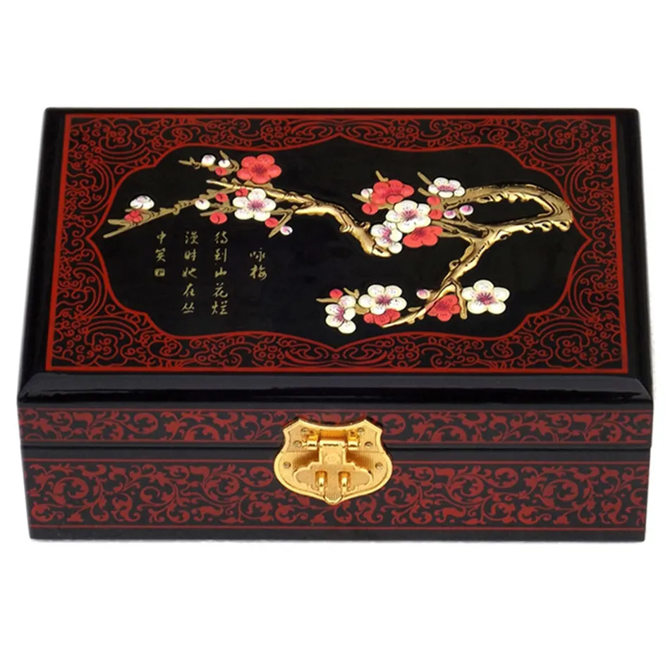 Peintures à la main Laque Boîte en bois chinoise avec serrure Décoration vintage Boîtes de rangement Cadeaux d'anniversaire de mariage Boîte à bijoux Étui à cosmétiques