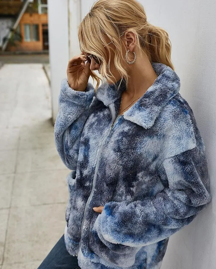 Tie-Dye Coat Lapel Neck Cardigan Tie-Dye Kvinnor Jacka Höst Vinter Blusas Långärmad Coats Casual Loose Tjock Kvinnor Ytterkläder HHD1156