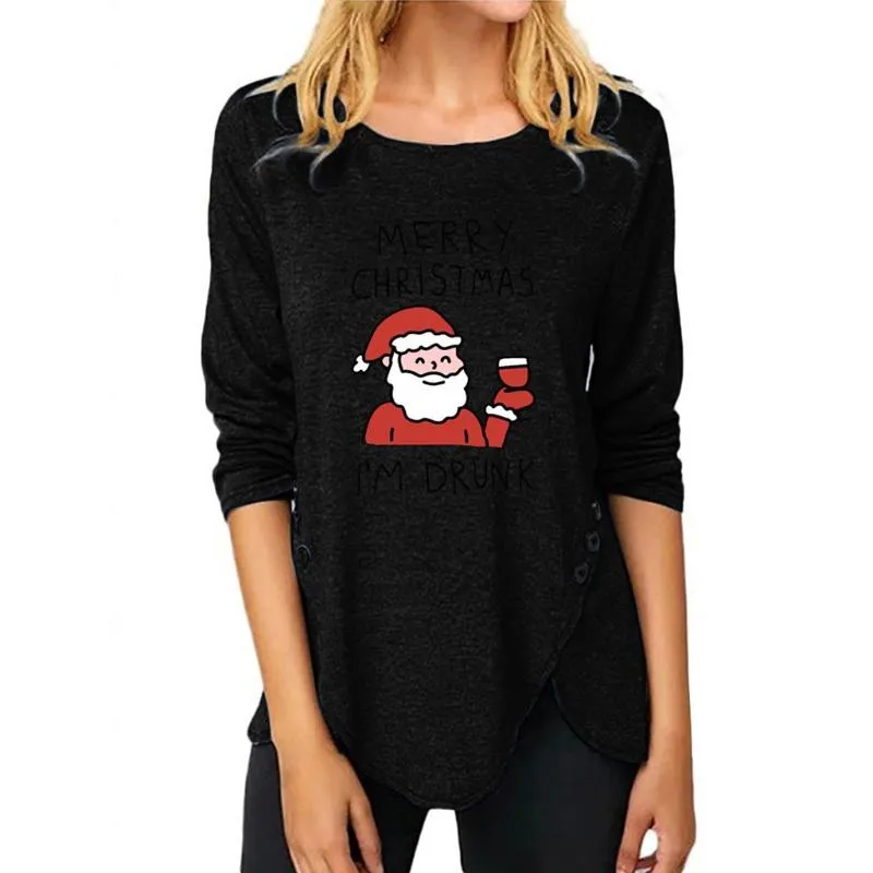 여성용 티셔츠 산타 클로스 인쇄 블랙 탑 크리스마스 패션 긴 소매 원형 목 풀오버 탑 인쇄 스웨터 # 3