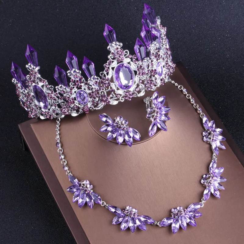 YUNUO NUOVO Cristallo Viola Collana Da Sposa Orecchini Corona Diademi Set Abito Da Sposa Accessori Perline