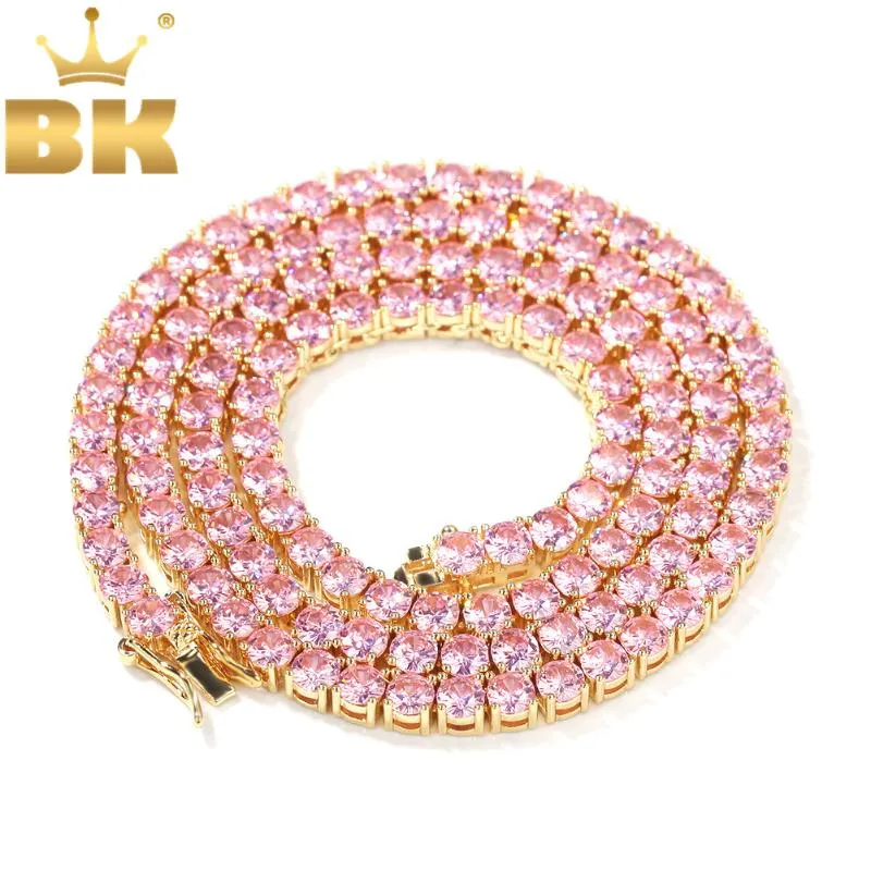 Chains THE BLING KING 4mm Pink Iced Cubic Zirconia Tennis Gold Silver Color Necklace Colored Fashion Hiphop Jewelry