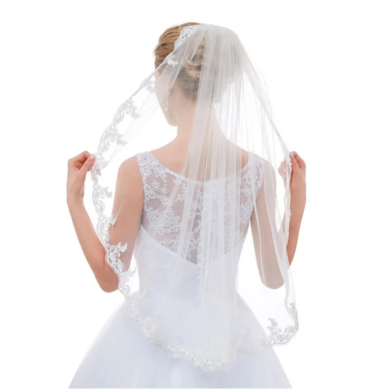 Weiße Hochzeitsschleier, elfenbeinfarbener Tüll-Brautschleier, Perlenkamm-Brautkleid-Spitzenschleier. Einzelner Brautschleier für europäische und amerikanische Bräute