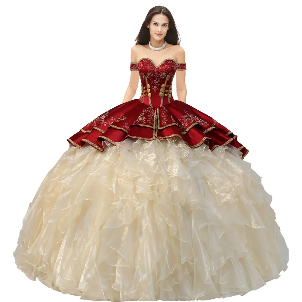 Medaglioni di raso rosso vino ricamato Charra Quinceanera Dress Vestido Ball Gown Corte dei treni High Low Overlay con volant in organza Western Sweet 16 Party Dress