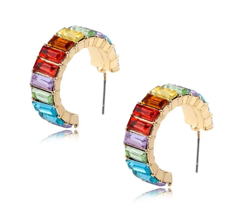 Rainbow Rhinestone Hoop Hoop Серьги для Женщин Девушки Кристалл Huggie Ухо Кольца Мода Ювелирные Изделия Ослепительный круг Серьги 12 Цветов