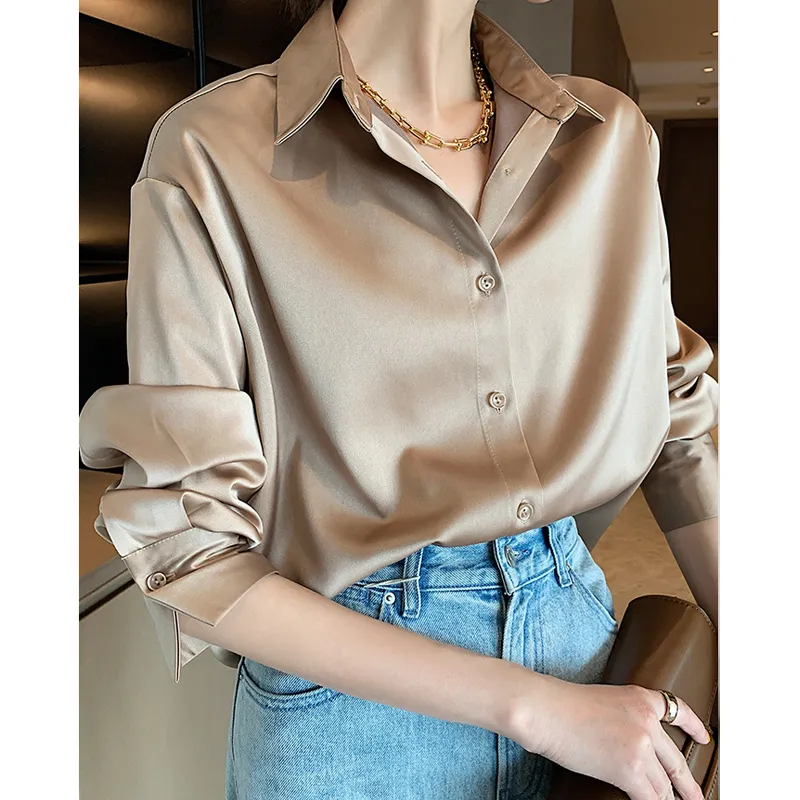 gold satin button up