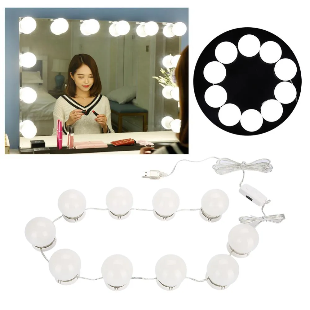 Miroir de maquillage à 10 ampoules avec lumière LED Miroir de courtoisie Port de chargement USB Ampoule cosmétique Miroirs de maquillage réglables Lumières de luminosité