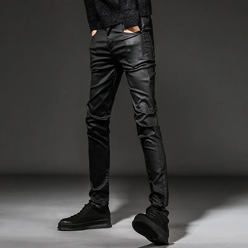 Idopy Men's Coated Waxed Black Punk Style Motorcycle Jeans Slim Fit Biker Denim Pants For Male3172