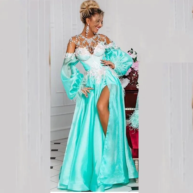 Gorgeous Turquoise Prom Dresses 2021 Off The Shoulder Long Sleeves A Line Evening Gowns Sexy Split Robe De Soiree