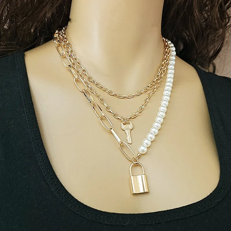 Jewelry multi-layer Pearl thick necklace women's lock-shaped two-piece chain