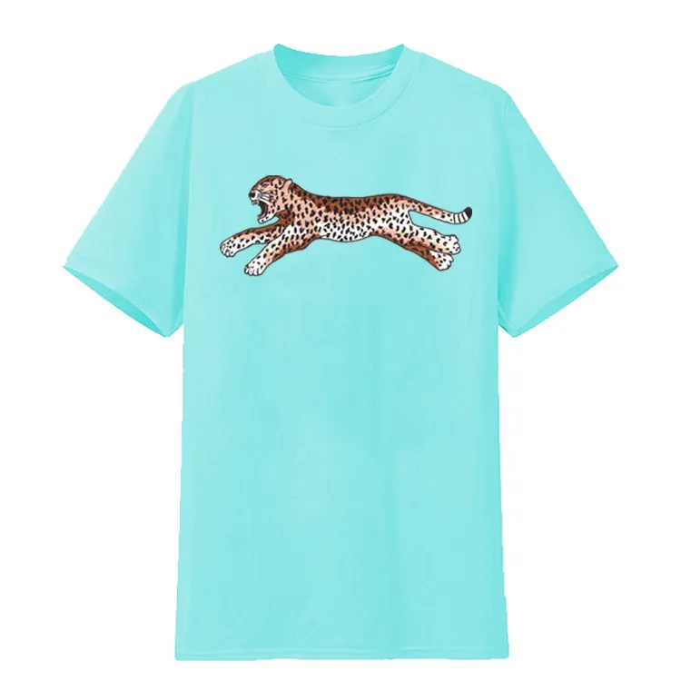 Italiensk herr-T-shirt leopardmönstrad logotyp luvtröja med svart krage Populär logotyp damer mångsidig rund halsad kortärmad ledig lös halvärm