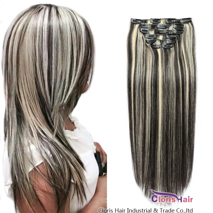 Dikke End 70G 100G 120G Set Panio Kleur Blonde Ombre Extensions Clip Ins Straight Braziliaanse Remy Menselijk Haar Markering 1B / 613 Clips in On Weave