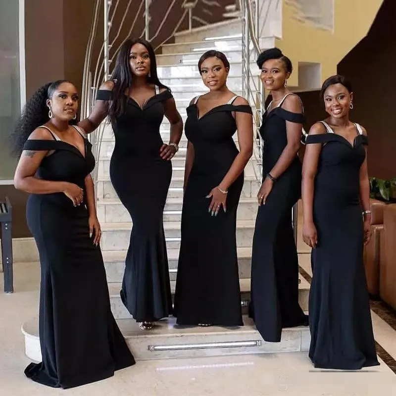2021 Black Mermaid Druhna Dresses Afryki Plus Rozmiar Off The Ramię z paskami Maid of Honor Suknia Custom Made Wedding Guest Party Wear
