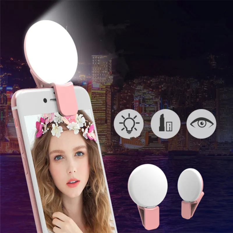 RK17 Mini Portable Beauty Selfie Ringlampa 9 st LED-kamera Fotografi Förbättrad Flash Light med USB-kabel Uppladdningsbar för mobiltelefoner