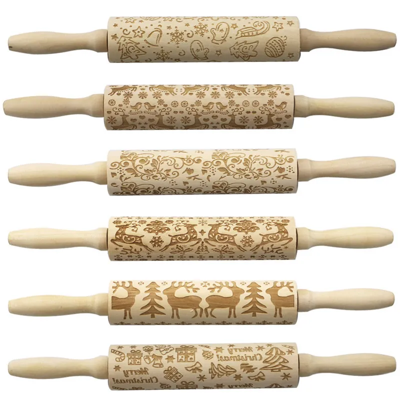 Christmas Wooden Rolling Pins Engraved Embossing Rolling Pin with Christmas Symbols Snowflake for Baking Embossed Cookies 35CM WXY024