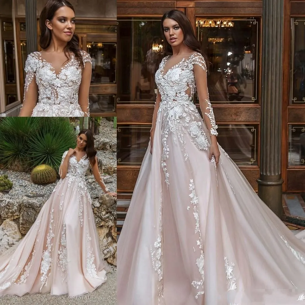 Nouvelle Arrivée Blush Rose Dentelle Pas Cher Plus La Taille Robes De Mariée Manches Longues Illusion Sheer Col En V Plis Robe De Mariée Robes De Mariée Vestidos