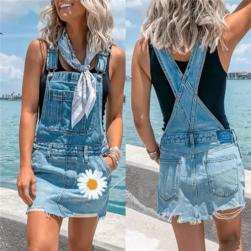 Mulheres Correias saia jeans geral bolso Romper Slim Fit Jean Saias Siamese Femme Verão Macacões Daisy Impresso Femme