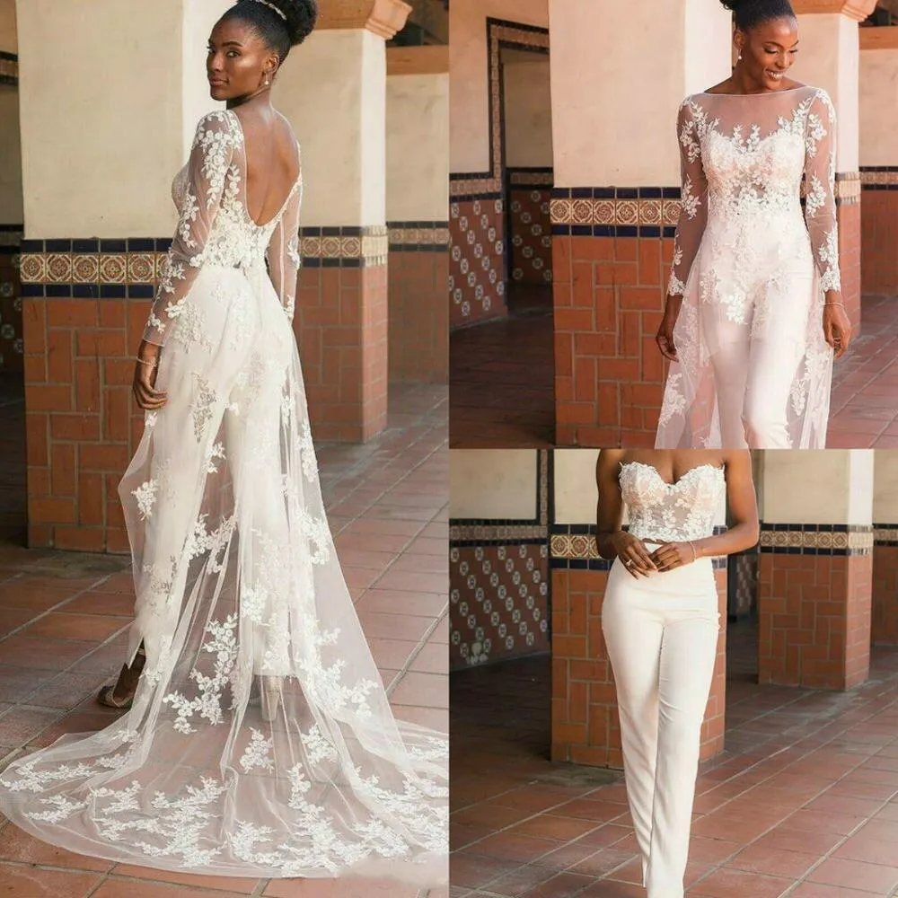 A Line Bridal Jumpsuit Wedding Dress with Detachable Train Lace Sweetheart  Wedding Gowns Backless vestido de novia - AliExpress