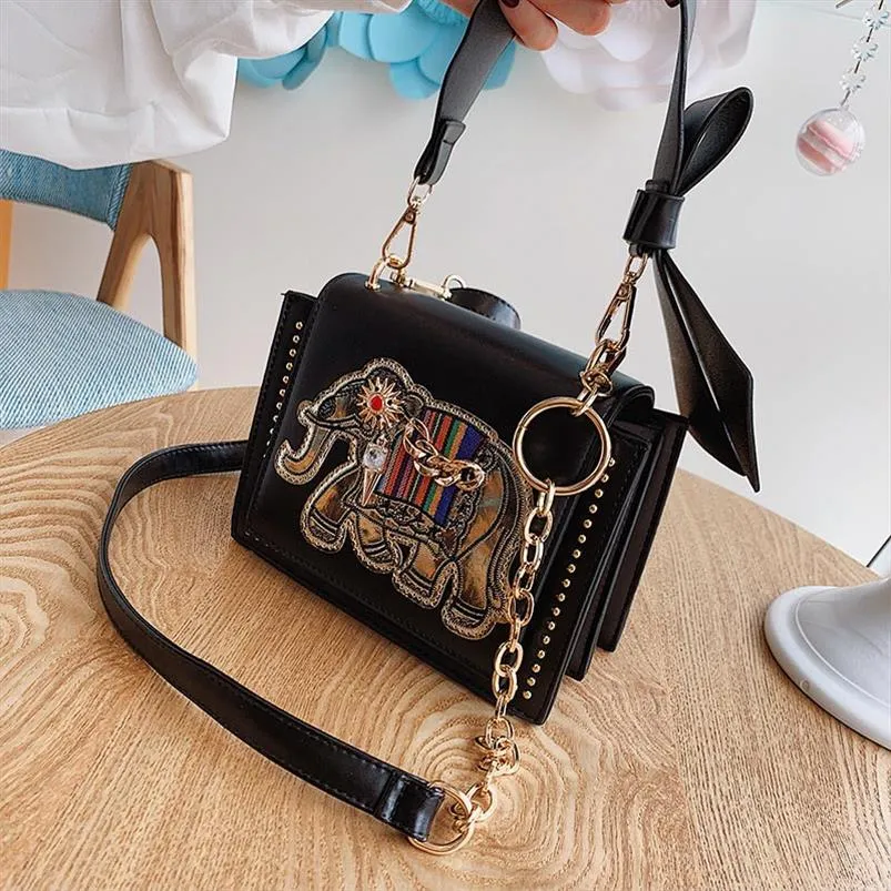 Designer- Black Elephant Embroidery Crossbody Bags for Women Handbags Bow Shoulder Bag Ladies Fashion Female Leather Totes