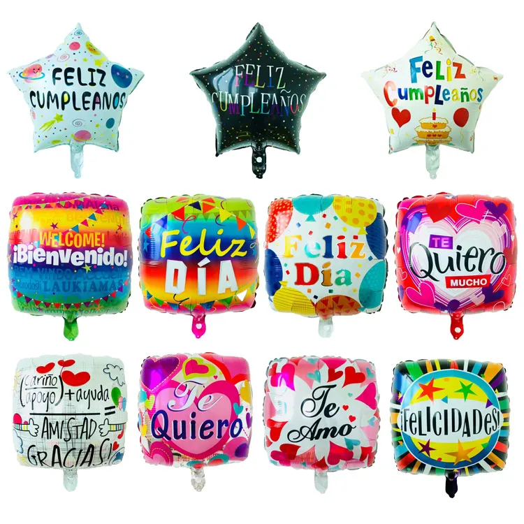 18 Inch Spanish FELIZ CUMPLEANOS Balloons Inflatable Birthday Party Balloon Heart Star Square Decorations Helium Foil Balloon Baby Birthday