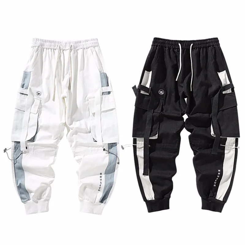 Män Fashion Ribbons Färgblock Svart Pocket Cargo Byxor Harem Joggers Harajuku Sweatpant Hip Hop Byxor Sweatpants